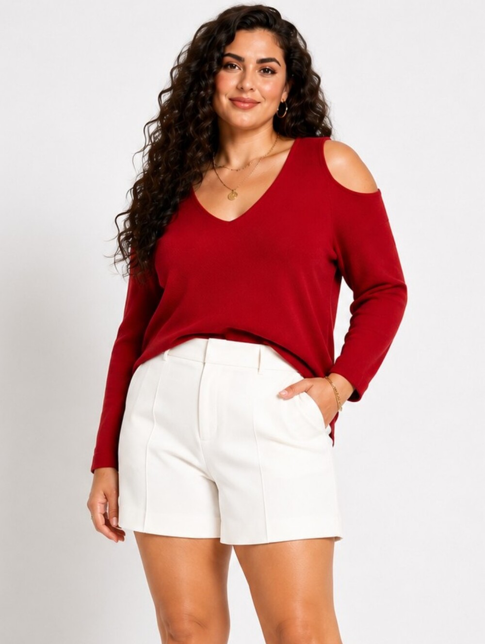 Roz & Ali Red Cold Shoulder Lightweight Sweater Plus 2X